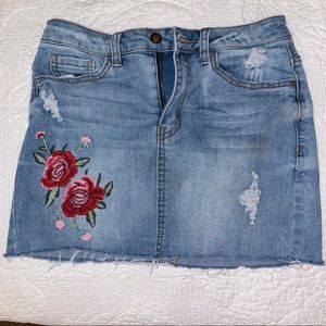 Destroyed Denim Skirt with Embroidered Roses | Size Small